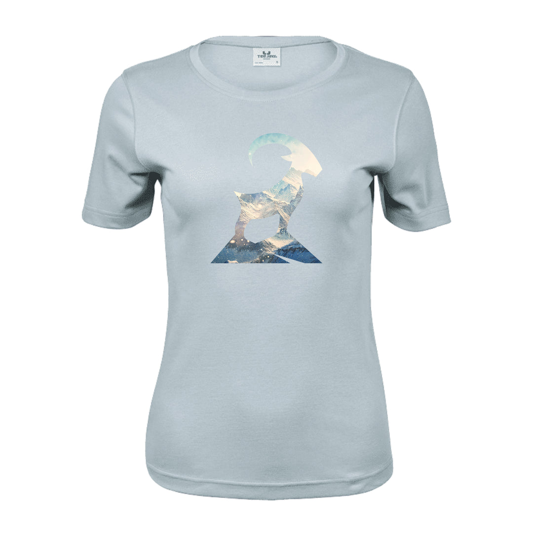 AthleticFit Komfort Damen T-Shirt - Steinbock mit Berglandschaft