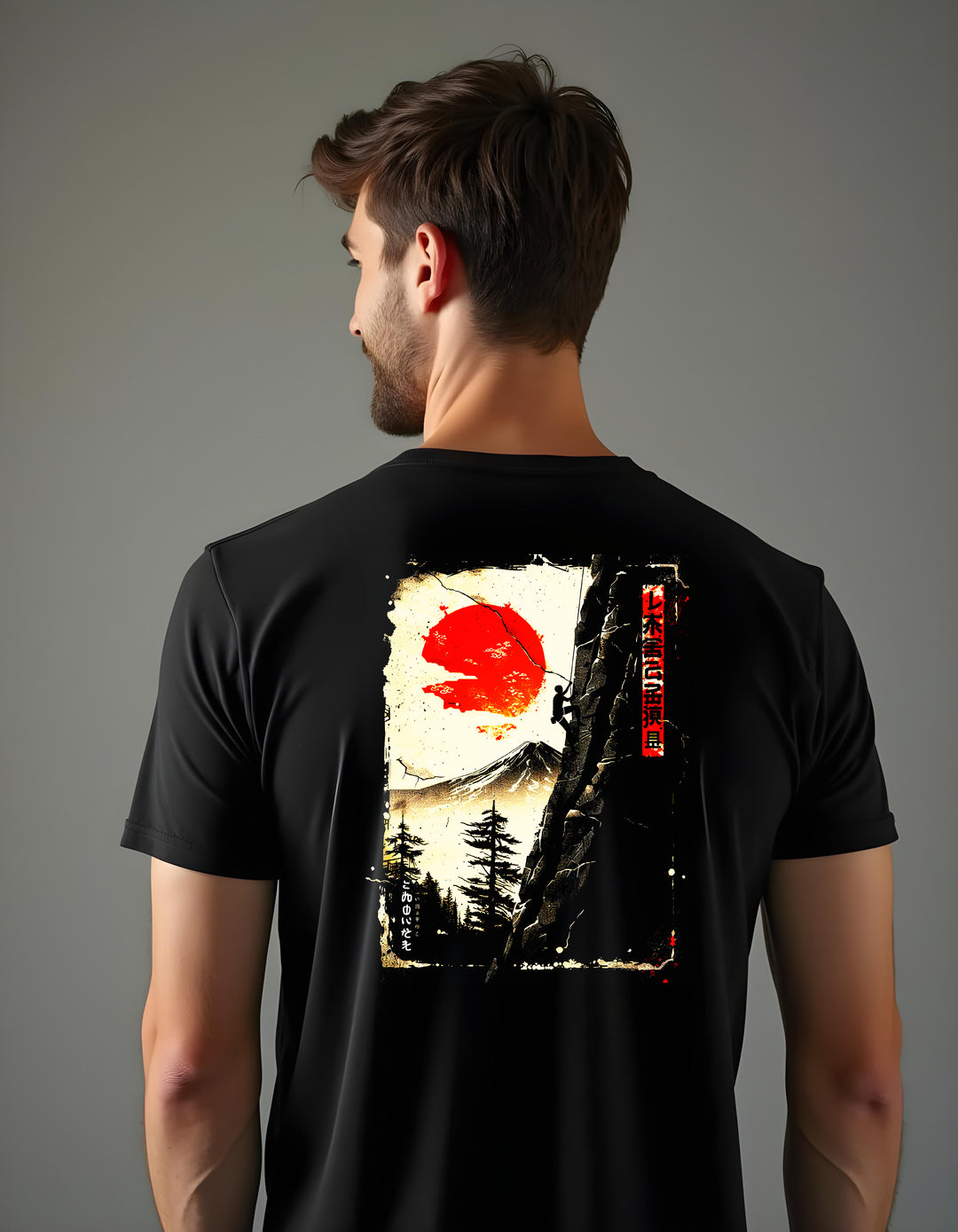 Herren T-Shirt - Bergsteiger mit Sonne Manga Style